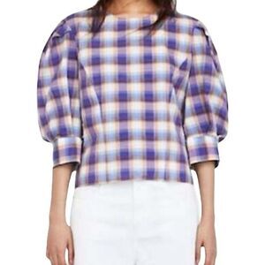 Zara Lavender Plaid Puff Sleeve Blouse Sz XS